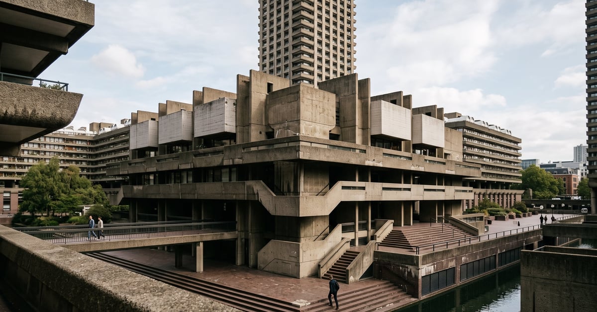 Façade en béton brut d'un bâtiment brutaliste aux formes géométriques massives et imposantes