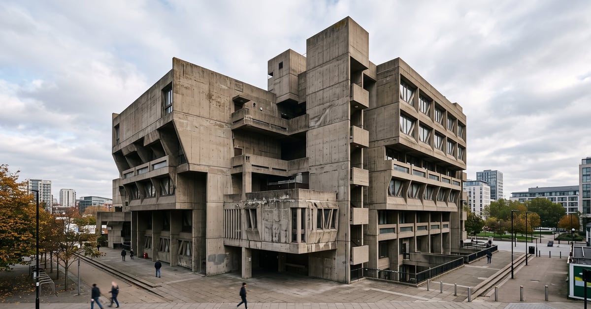 Façade en béton brut d'un bâtiment brutaliste aux formes géométriques massives et austères
