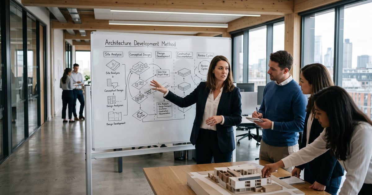 Architecture development method : maquette et plans structurés sur table de travail d'architecte