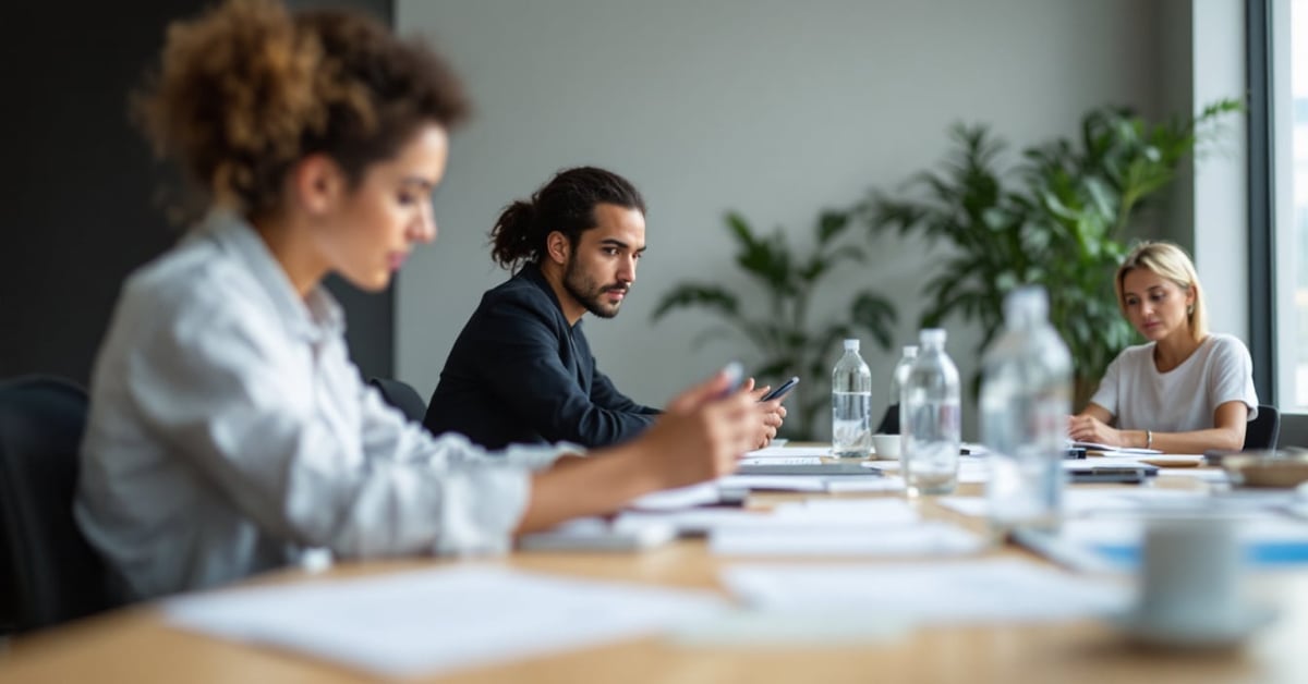 Réunion d'un Architecture Review Board en entreprise autour d'une table de travail moderne