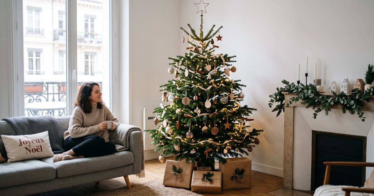 Décoration de Noël intérieure avec guirlandes lumineuses et sapin décoré dans un salon chaleureux