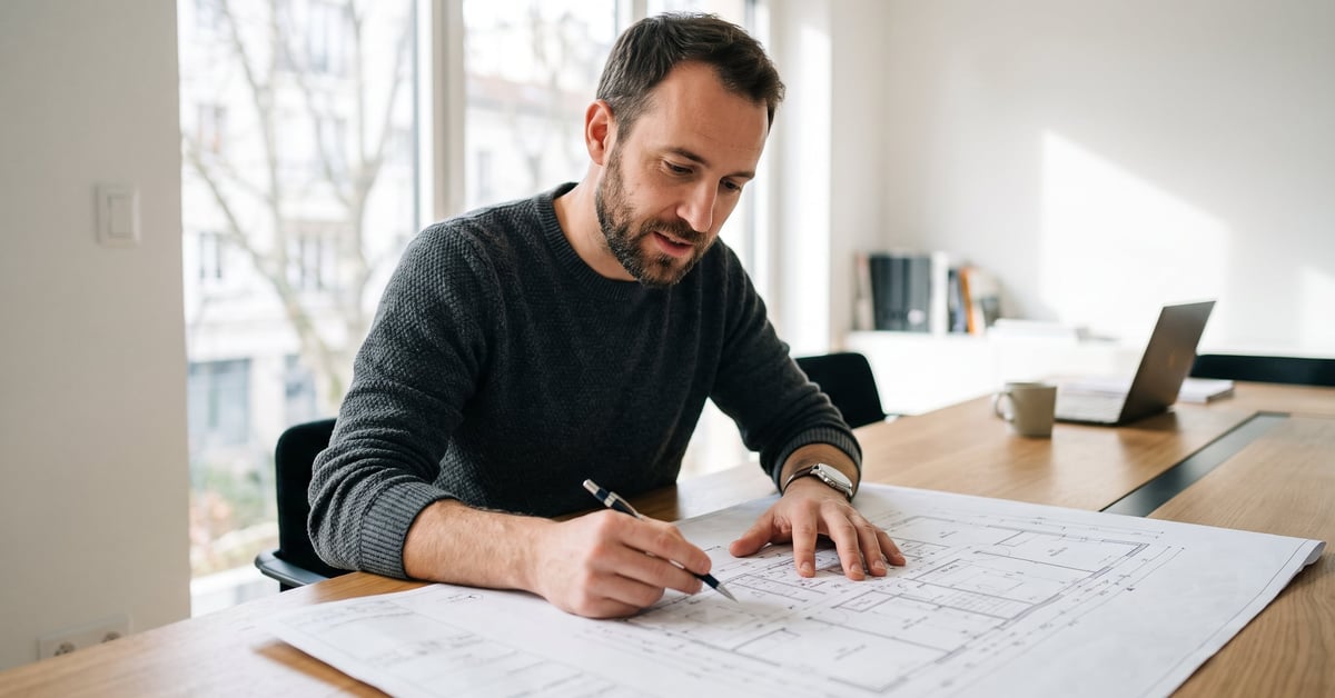 Plan de maison détaillé sur une table, avec règle et crayon pour la conception architecturale