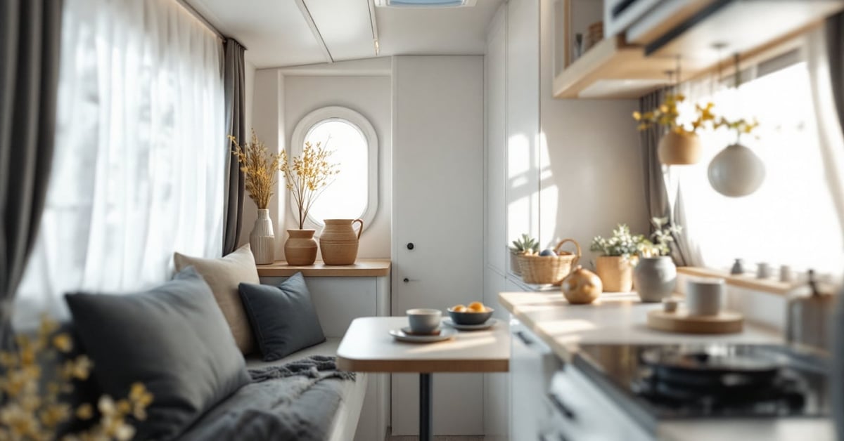 Aménagement intérieur caravane moderne avec espace optimisé et décoration cosy