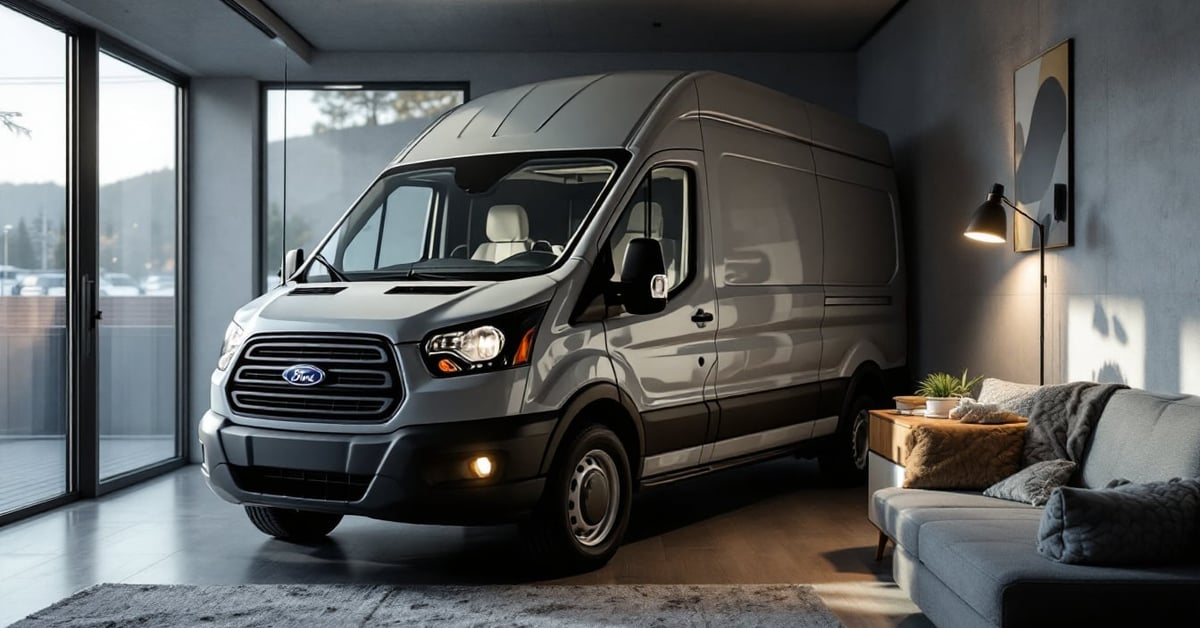Ford Transit aménagé en espace de vie intérieur moderne avec mobilier intégré