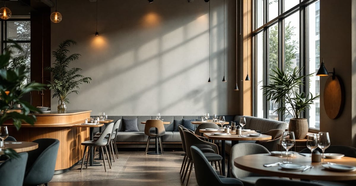 Aménagement intérieur restaurant moderne avec éclairage chaleureux et mobilier élégant