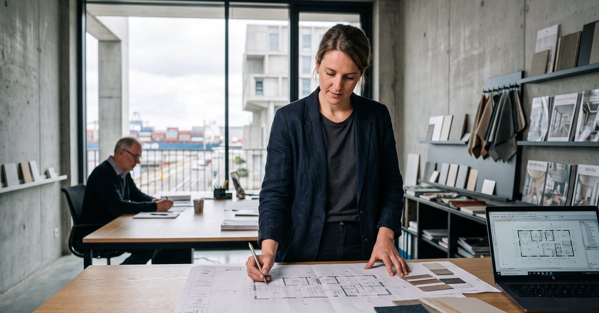 Architecte d'intérieur au Havre travaillant sur des plans de rénovation dans un espace moderne