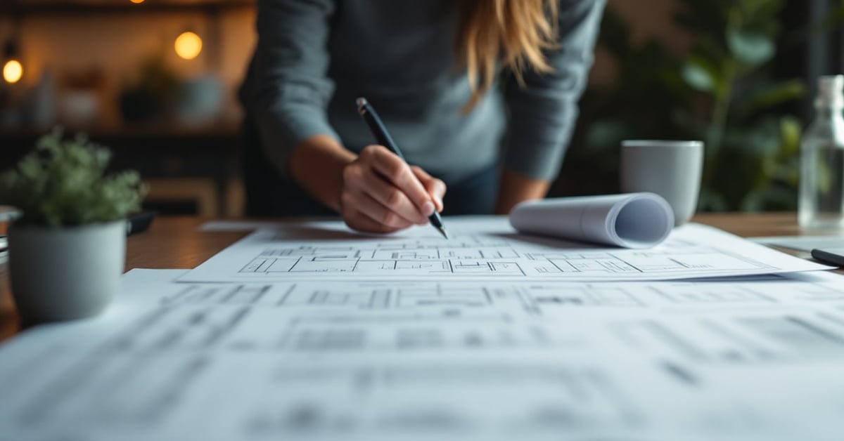Faire un plan de maison : plans architecturaux sur une table avec outils de dessin