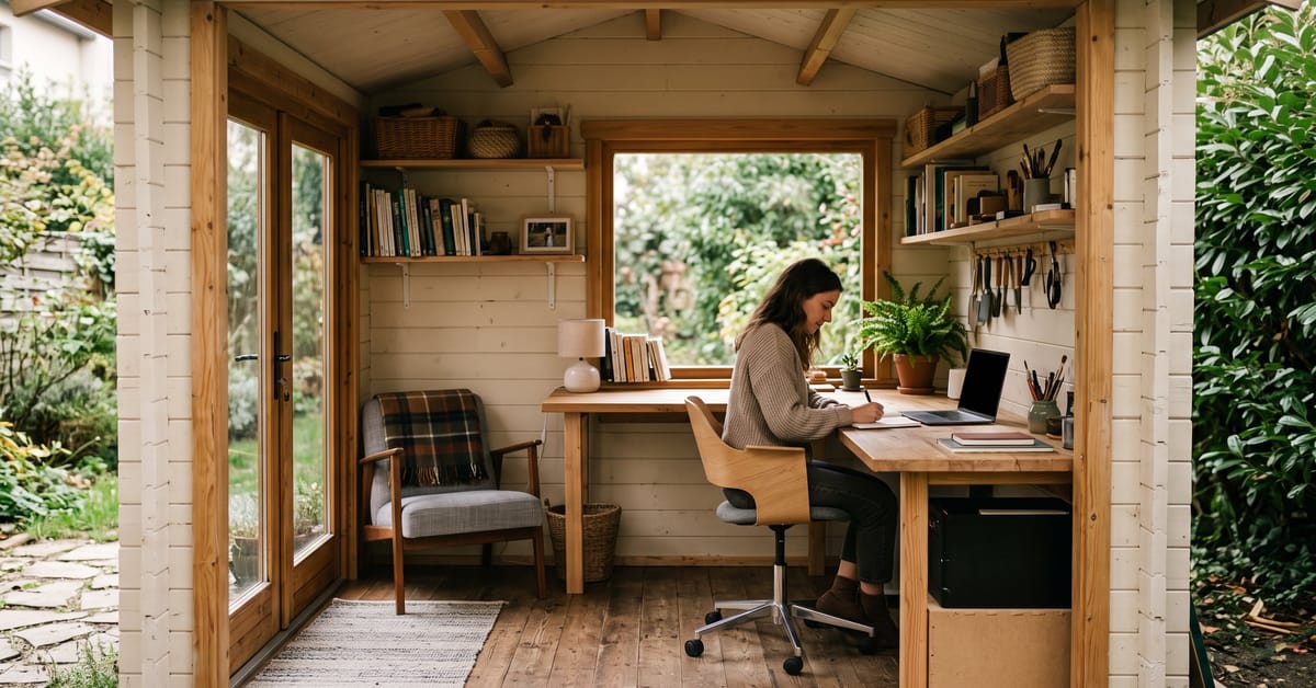 Idée aménagement intérieur abri de jardin avec rangements, établi en bois et outils organisés