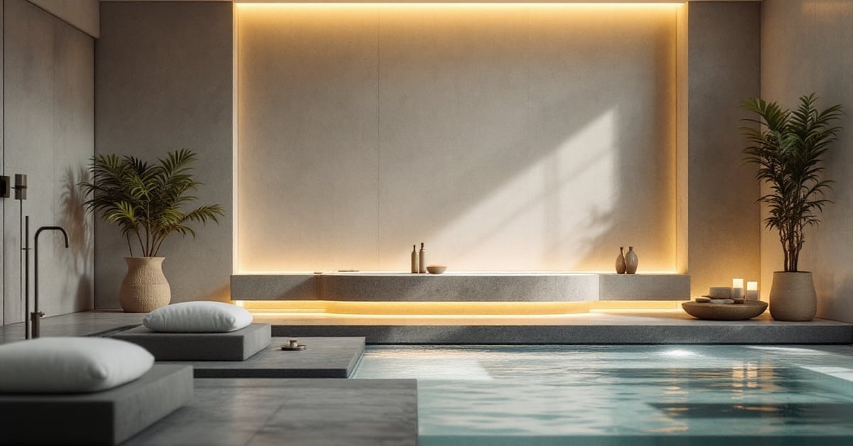 Idée aménagement spa intérieur moderne avec jacuzzi, éclairage tamisé et matériaux naturels